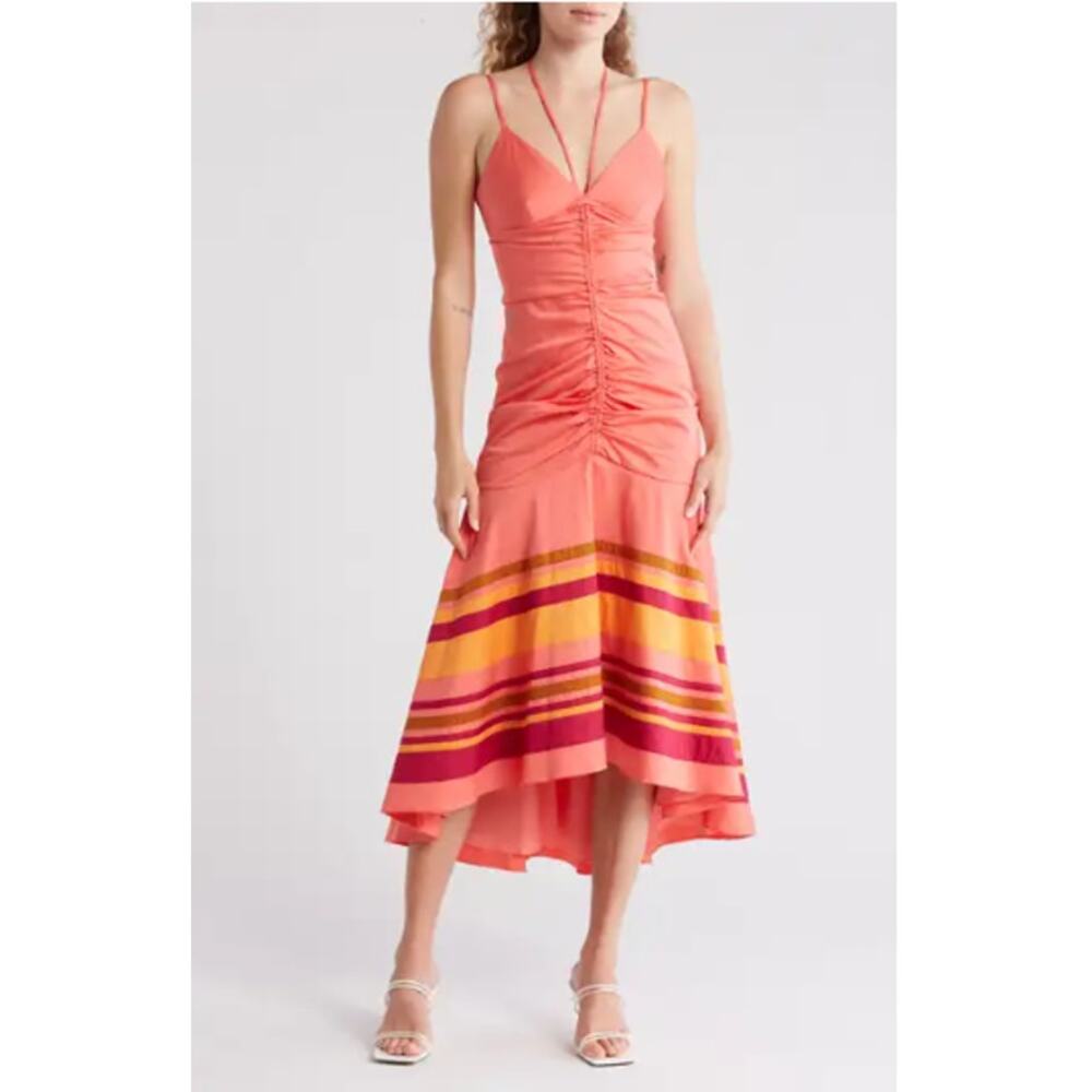 Veronica Beard Fitz High Low Cotton Blend Dress Coral Pink Twirl Halter Sz 4 NWT